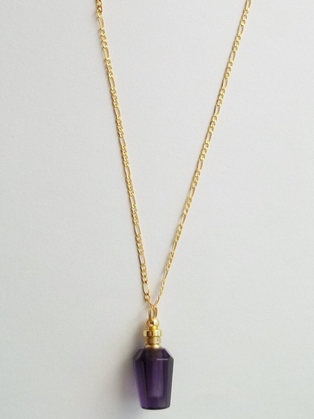Amethyst Necklace Purple Crystal Perfume Bottle Pendant Gold Figaro Chain - Picture 8 of 9